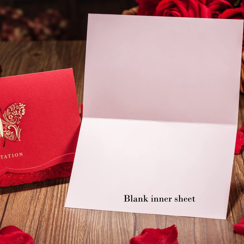 Hosmsua 50pcs Red Laser Cut Lace Flora Invitations Cards with Gold Butterfly and Envelopes for Bridal Shower Wedding QuinceaÃ±era Invitation - Image 4